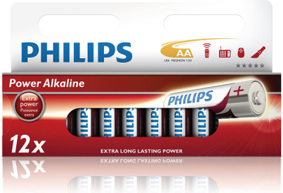 Bateri alkaline Philips AA Power, 1.5V, paketim 12 copë, të kuqe