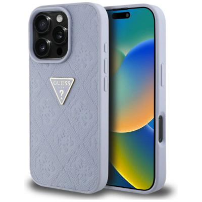 Mbrojtëse telefoni Guess Metal Logo, për iPhone 16 Pro, TPU me lëkurë eco, blu e çelët