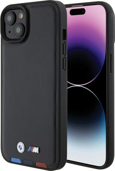 Kllapë telefoni BMW Leather Stamp Tricolor për iPhone 15 Plus, 6.7", lëkurë, e zezë