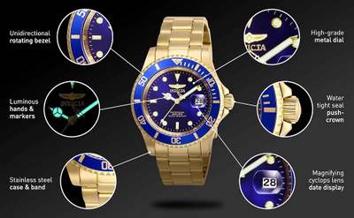 Orë dore Invicta Pro Diver, kuarc, çelik inox, ari blu