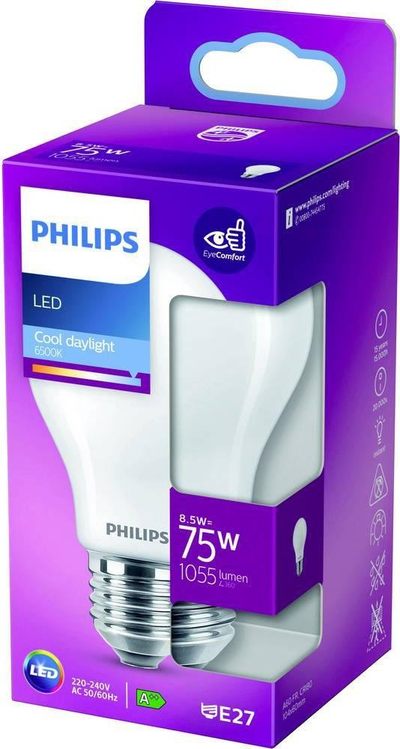 Llambë LED Philips Classic E27 A60, 8.5W, 2700K, set 3 copë, e bardhë