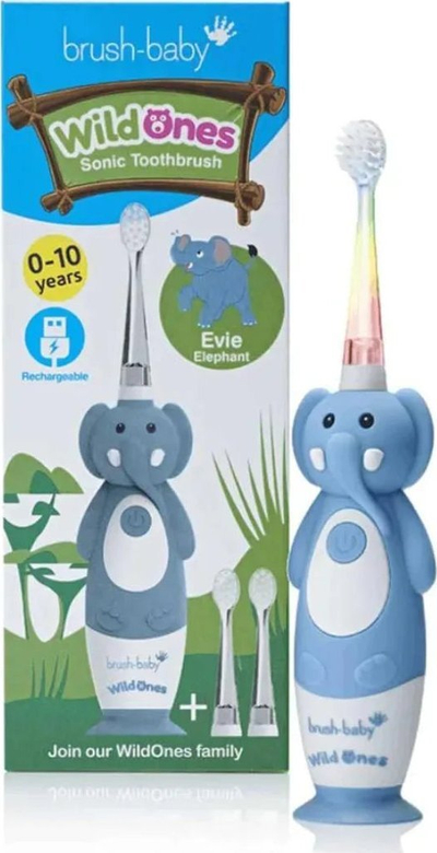 Furçë dhëmbësh elektrike për fëmijë Brush Baby WildOnes Elephant, e rikarikueshme, drita LED, ujërezistente, gri