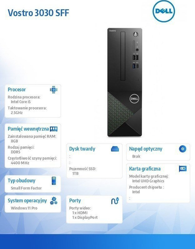 Kompjuter Dell Vostro 3030 SFF, Intel Core i5 gjenerata 14, 8GB RAM, 1TB SSD, ngjyrë e zezë