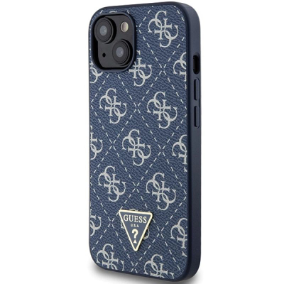 Husë Guess 4G Triangle Metal Logo për iPhone 15 Plus 14 Plus, lëkurë ekologjike, blu