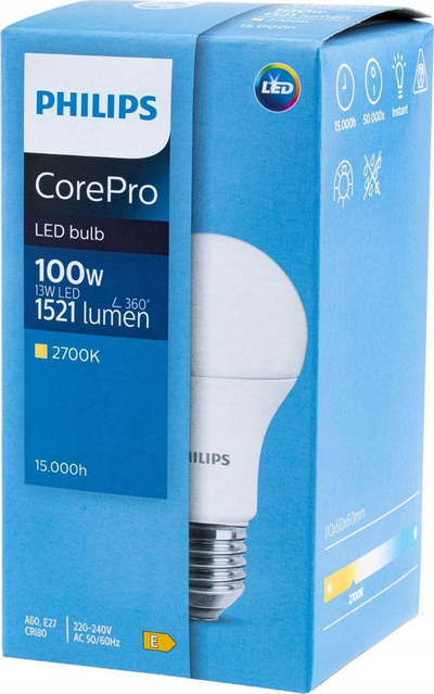 ЛЕД сијалица Philips CorePro A60 13W, E27, 2700K, топло бела