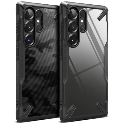 Mbulesë telefoni Ringke Fusion X për Samsung S25 Ultra, që s’e lë të dëmtohet nga goditjet, pjesa mrapa transparente, me korniza të zeza