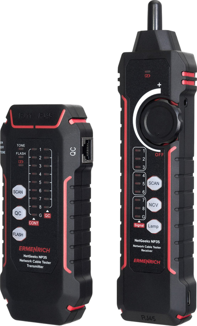 Tester rrjeti Ermenrich NetGeeks NP35, për kabuj UTP STP CAT5 CAT6, Port Flash, i verdhë