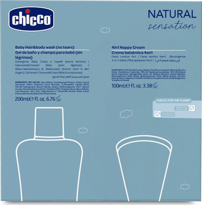 Set për kujdesin e bebit Chicco Natural Sensation, shampo xhel 200ml, krem për zonën e pelenës 4 në 1 100ml, blu