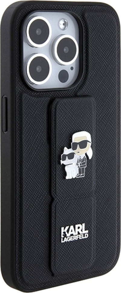 Mbulesë telefoni Karl Lagerfeld Gripstand Saffiano Karl and Choupette Pins për iPhone 14 Pro, me rrip suport, e zezë