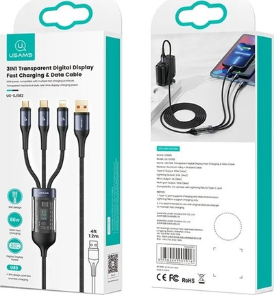 Kabllo karikimi Usams U83 3n1, 1.2m, 66W PD, e zezë