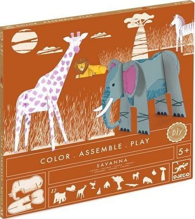 Set kreativ Djeco Color Assemble Play Savanna, modele 3D kartoni, për ngjyrosje, multingjyrësh