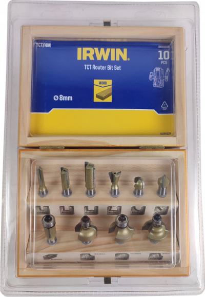 Set frezash druri Irwin Shape Cutters, 10 copë, bosht 8mm, në kuti druri