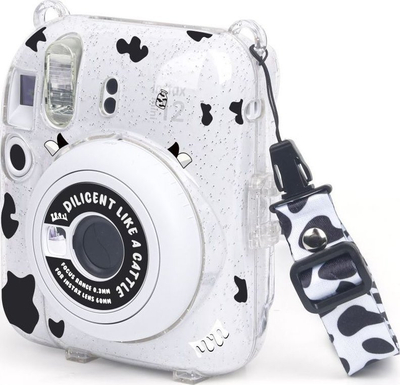 Etui LoveInstant për Fujifilm Instax Mini 12, me xhep foto, dizajn Cow Glitter, transparente