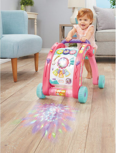 Karrocë ecjeje Little Tikes Light N Go 3 në 1, me drita edhe tinguj, tavolinë aktiviteti, rozë
