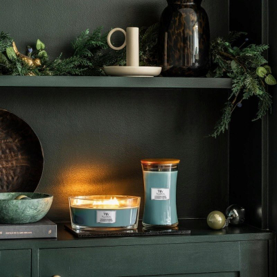 Qiri me aromë WoodWick Ellipse Evergreen Cashmere, 453 g, fitil druri, jeshil