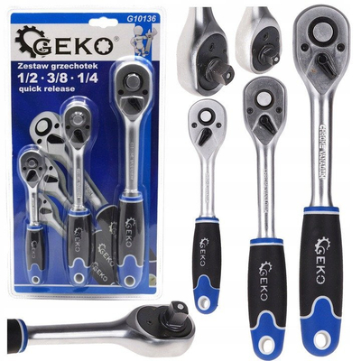 Set çelësa racë GEKO G10136, 3 copë, 1/2\" 3/8\" 1/4\", ngjyrë argjendtë
