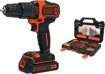 Trapano-kaçavidë me goditje BLACK+DECKER BDCHD18S1A, 18V, bateri 1.5Ah Li-Ion, set 104 copë, portokalli e zezë