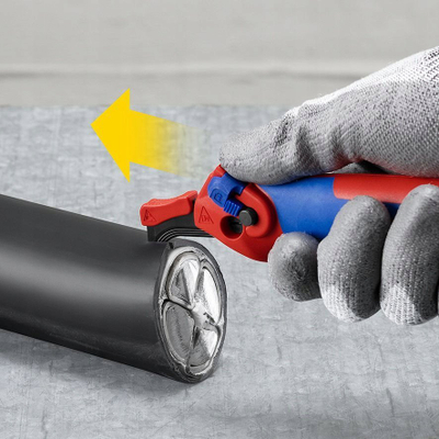 Thikë zhveshëse Knipex 16 50 145 SB, me këpucë udhëzuese, teh i palosshëm, e kuqe