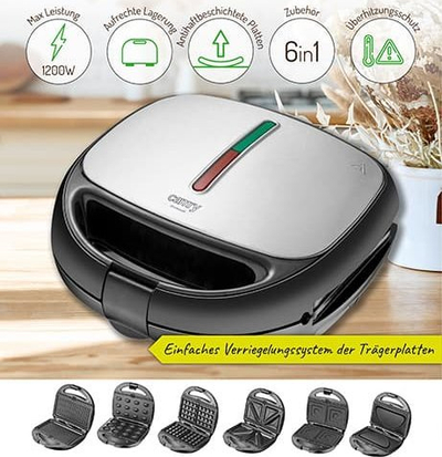 Toastier sanduiçi Camry CR 3057, 1200W, 6 në 1, i zi argjendtë