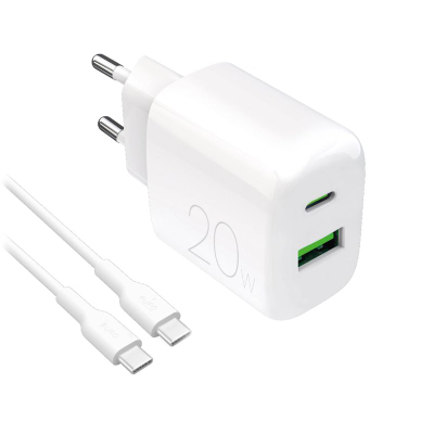 Ѕиден полнач Puro PRO LITE 20W, USB A и USB C, со кабел USB C, бел