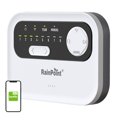 Kontrollues ujitjeje RainPoint WiFi, 8 zona, për sprinkler dhe pikë-pikë, i bardhë