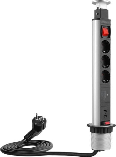 Shirit prizash tërheqës Deltaco, 3x CEE 7/3, 2x USB, i zi