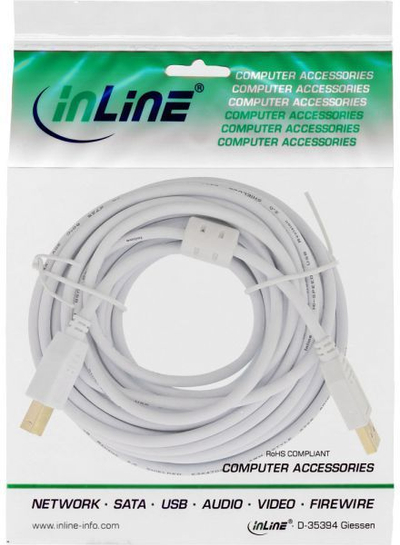 Kabllo USB InLine USB-A - USB-B, 10 m, e bardhë