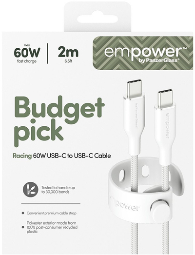 Kabllo USB C në USB C PanzerGlass Empower by Racing, 60W, 2m, e bardhë argjendi