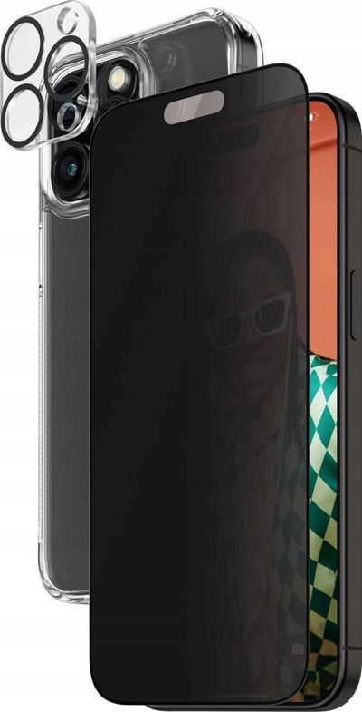 Set mbrojtës 3 në 1 PanzerGlass iPhone 15 Pro Max, xham privacy, mbrojtës kamerë dhe maskë transparente