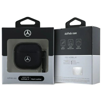 Mbështjellës Mercedes Leather për AirPods 4, lëkurë e vërtetë, me karabinë, i zi