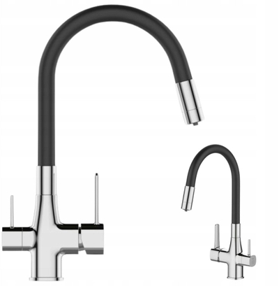 Rubinet kuzhine Invena Glamour BZ-02-F08-V, gryka fleksibile, set filtër uji nën banak, krom e zi