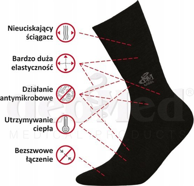 Çorape shëndetësore DeoMed Wool, merino, pa presion, gri, 35-38