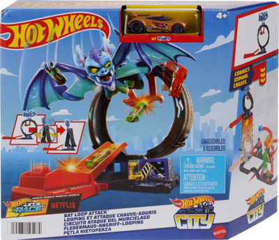 Set loje Hot Wheels City Bat Loop Attack, pistë garash me makinë 1:64, me ngjyra