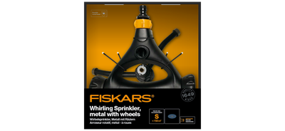 Spërkatës rrotullues Fiskars, metal me rrota, zezë/ portokalli