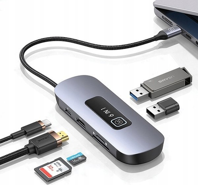 Adapter USB Hub Usams 6 me 1, USB C, HDMI 4K, gri
