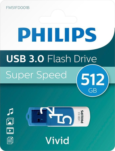USB Philips Vivid Edition Spring Blue FM51FD001B/00, 512GB, USB 3.0, e bardhë blu