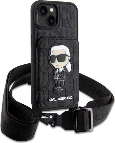 Mbulesë telefoni Karl Lagerfeld Crossbody Ikonik për iPhone 14, lëkurë Saffiano, me rrip shpatulle, e zezë