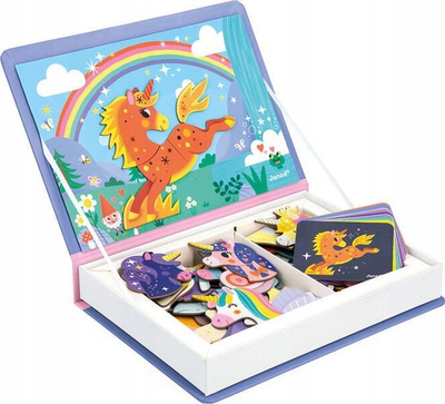 Lojë magnetike edukative Janod MagnetiBook Unicorns, 44 magnetë, 10 karta modeli, shumëngjyrëshe