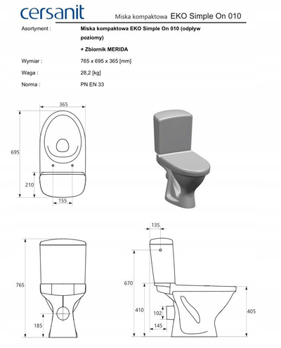 WC kompakt Cersanit Mito Eco II Simpleon, dalje horizontale, kazani 3/5L, i bardhë