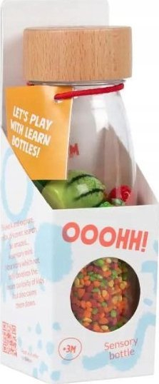 Lodhër senzoriale Petit Boum Sensory Bottle Fruit, shishe plastike, figura frutash, shumëngjyrëshe