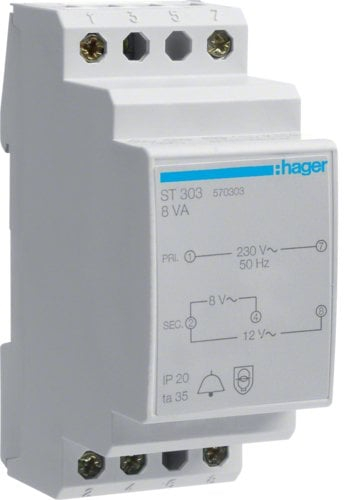 Transformator zileje Hager ST303, 8V 12V, 1A, gri