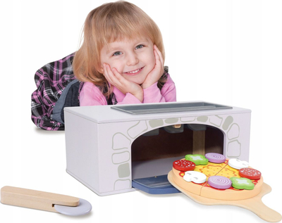Set lodër kuzhine Ecotoys furrë pice druri, me pica dhe vegla, gri