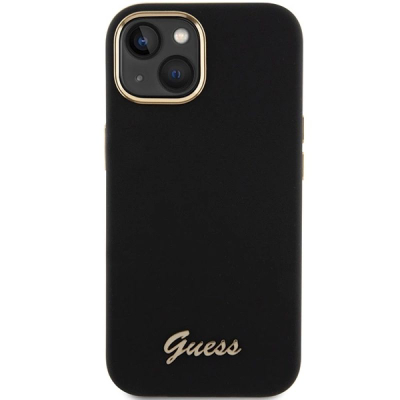 Maskë telefoni Guess Silicone Script për iPhone 15, silikon, me logo metal, e zezë