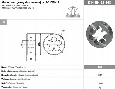 Filierë rrethore HSS M8x0.75, DIN 22568, për fije të imta