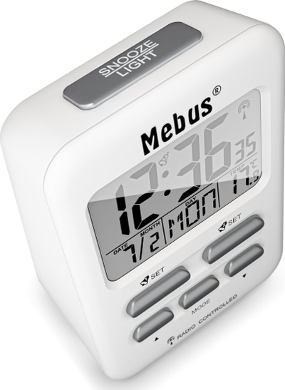 Orë digjitale me alarm Mebus 25800, ekran blu, matje temperature, e bardhë