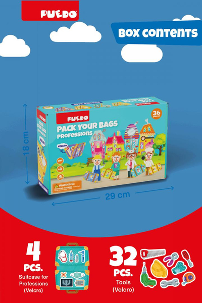 Loja edukative PUEDO Pack Your Bags Professions, 4 çanta profesionesh, 32 pjesë EVA, shumëngjyrëshe