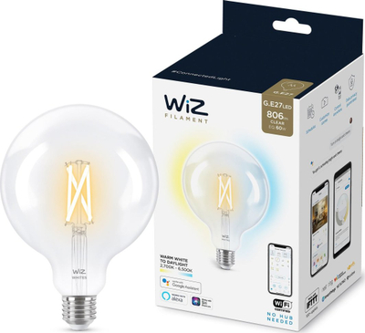 Llambë inteligjente WiZ Filament G125, 7W LED 60W EQ, E27, xham transparent