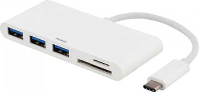 Hub USB DELTACO USB 3.1 Gen 1, USB-C në 3x USB-A, me lexus SD microSD, i bardhë