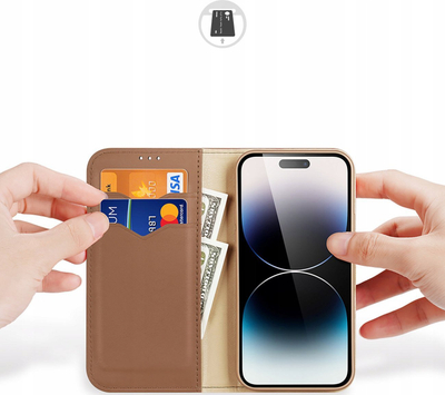 Këllëf telefoni Dux Ducis Hivo Series për iPhone 15 Pro, lëkurë, me stand dhe mbajtëse kartash, kafe