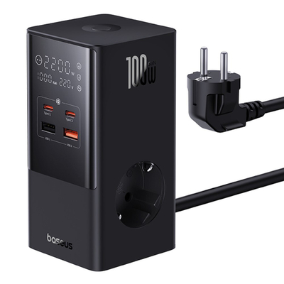 Prizë tavoline Baseus Powercombo Tower, 2x AC 4x USB, 100W, e zezë